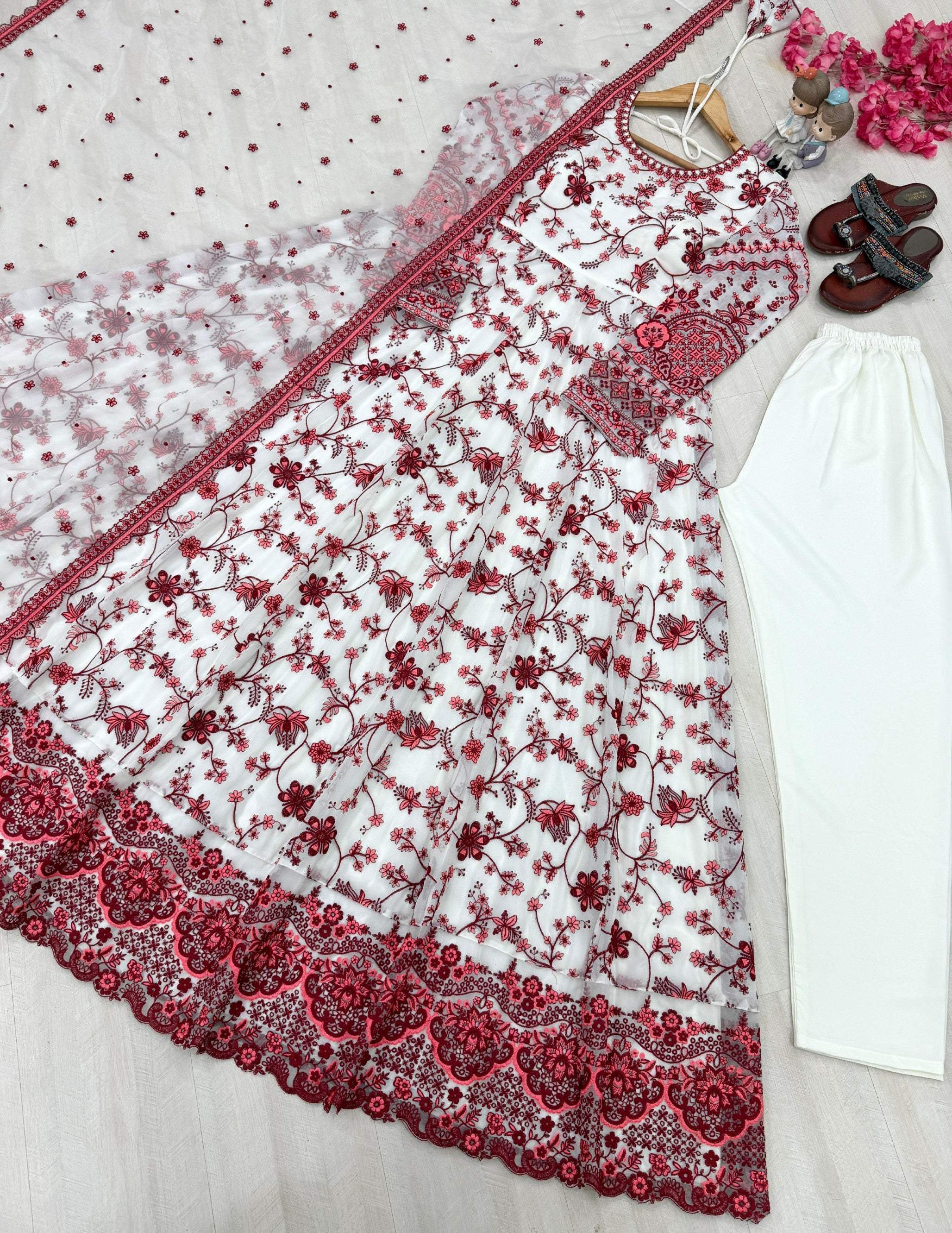 Anaita Red & White Faux Georgette Readymade Suit with Embroidery & Tassels attached | Grocsy