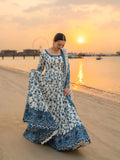 Anaita Blue & White Faux Georgette Readymade Suit with Embroidery & Tassels attached | Grocsy