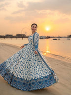 Anaita Blue & White Faux Georgette Readymade Suit with Embroidery & Tassels attached | Grocsy