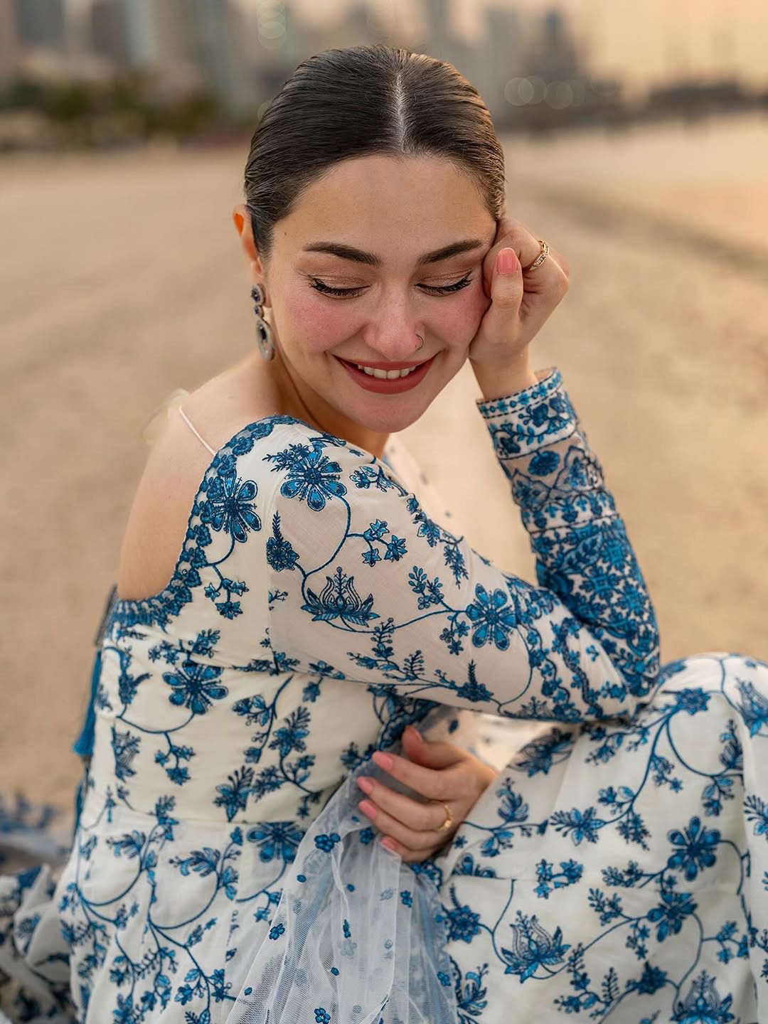 Anaita Blue & White Faux Georgette Readymade Suit with Embroidery & Tassels attached | Grocsy