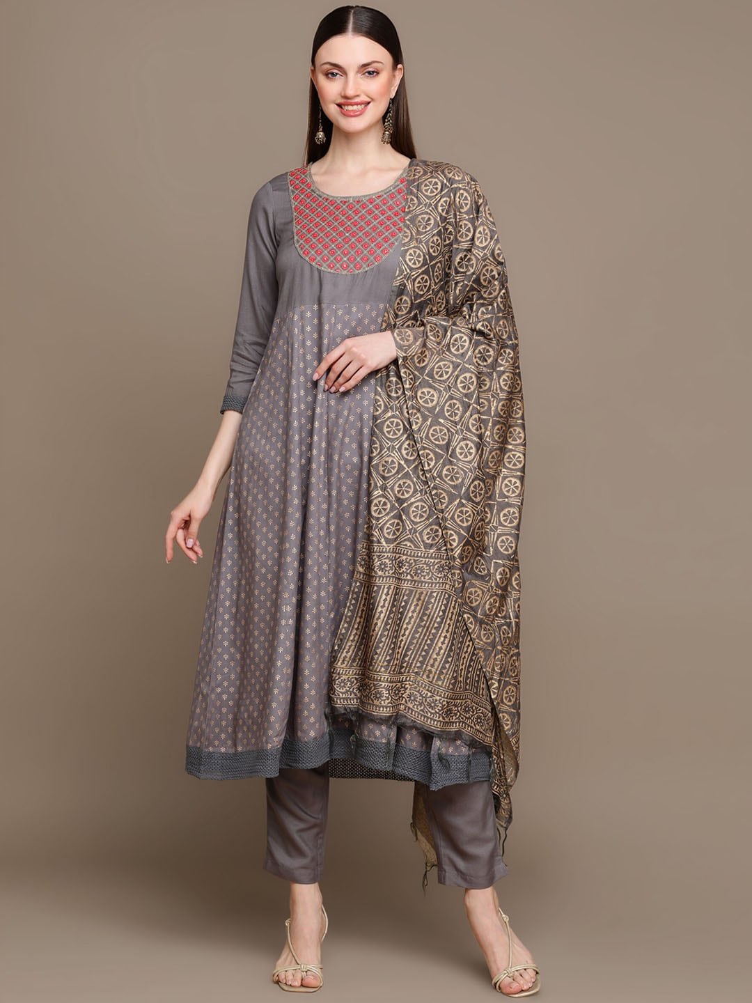 HERE&NOW Ethnic Motifs Embroidered Anarkali Kurta with Trousers & Dupatta | Grocsy