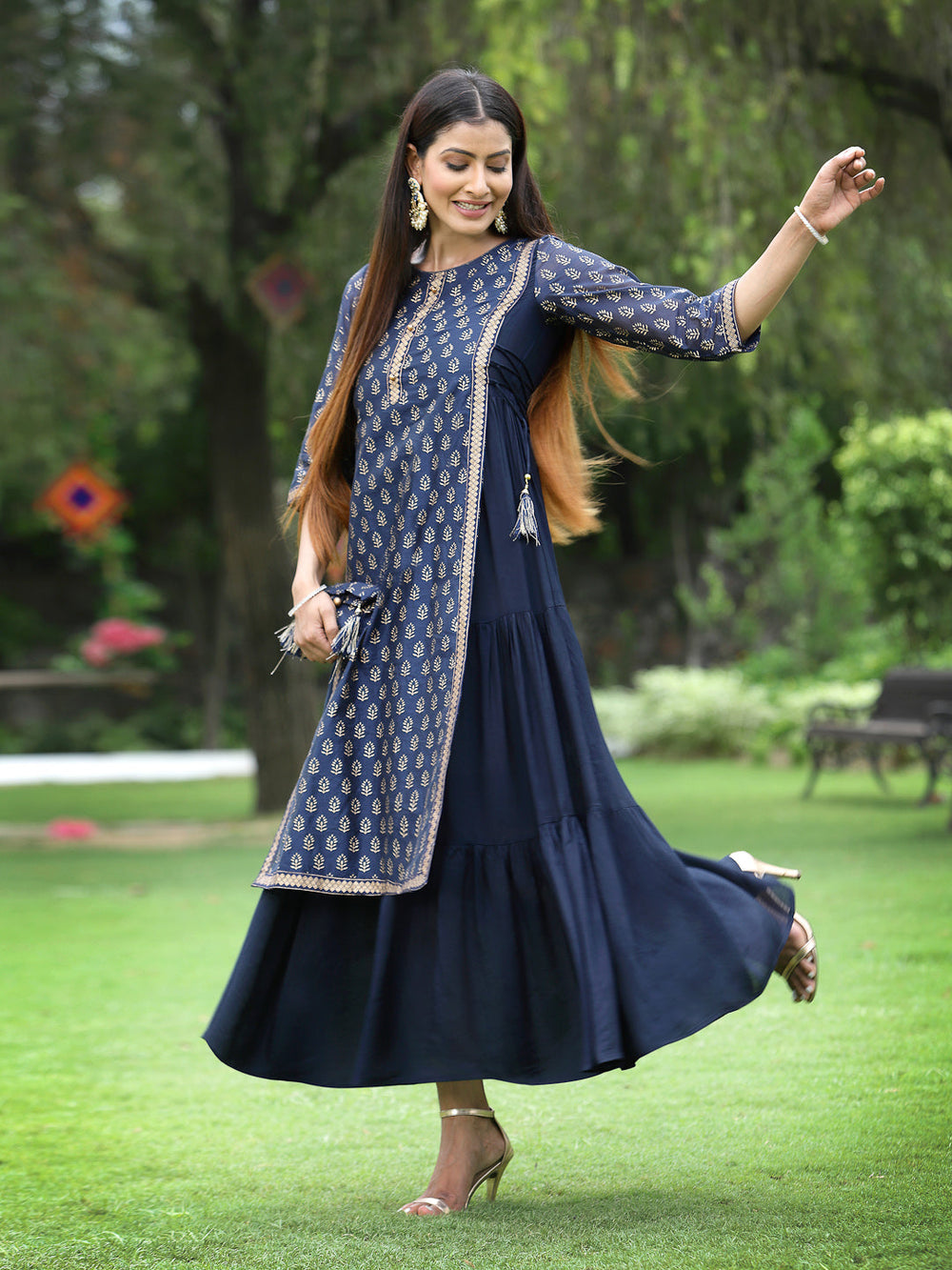 Juniper Women's Navy Chanderi Silk Printed Layered Dress | Grocsy