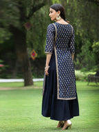 Juniper Women's Navy Chanderi Silk Printed Layered Dress | Grocsy
