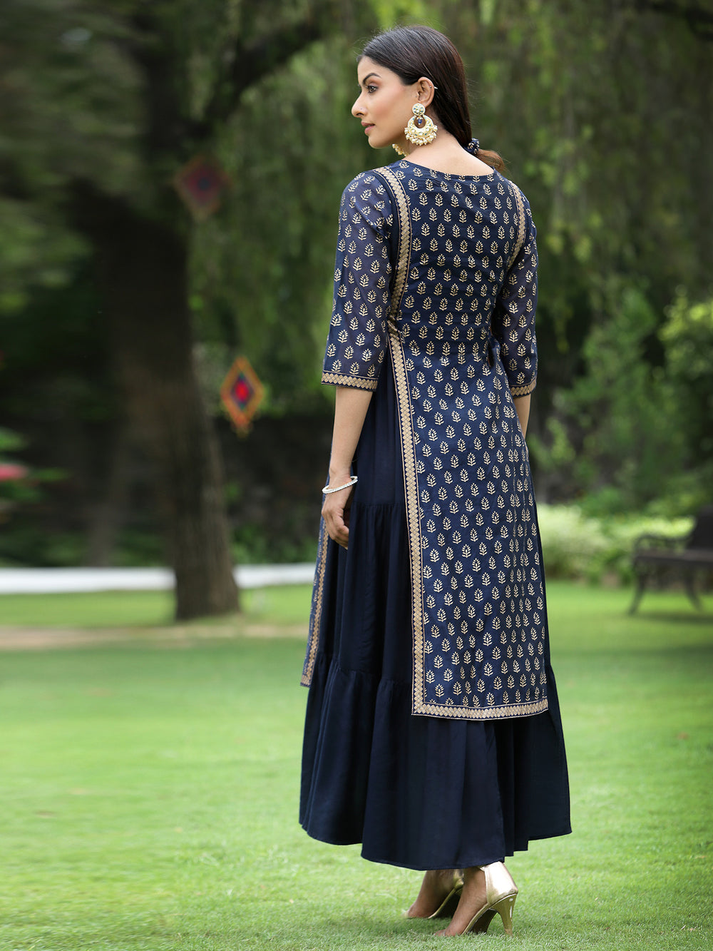Juniper Women's Navy Chanderi Silk Printed Layered Dress | Grocsy