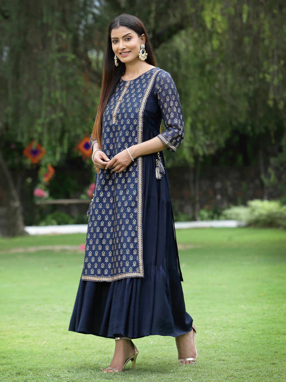 Juniper Women's Navy Chanderi Silk Printed Layered Dress | Grocsy