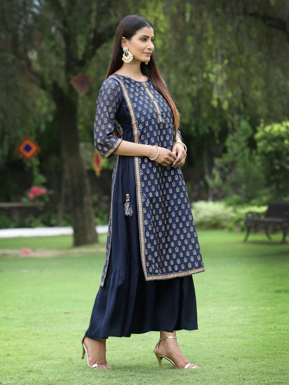 Juniper Women's Navy Chanderi Silk Printed Layered Dress | Grocsy