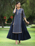 Juniper Women's Navy Chanderi Silk Printed Layered Dress | Grocsy