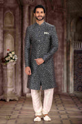 Raivat Ethnic Art Silk Digital Print Sherwani In Grey Black Colour | Grocsy