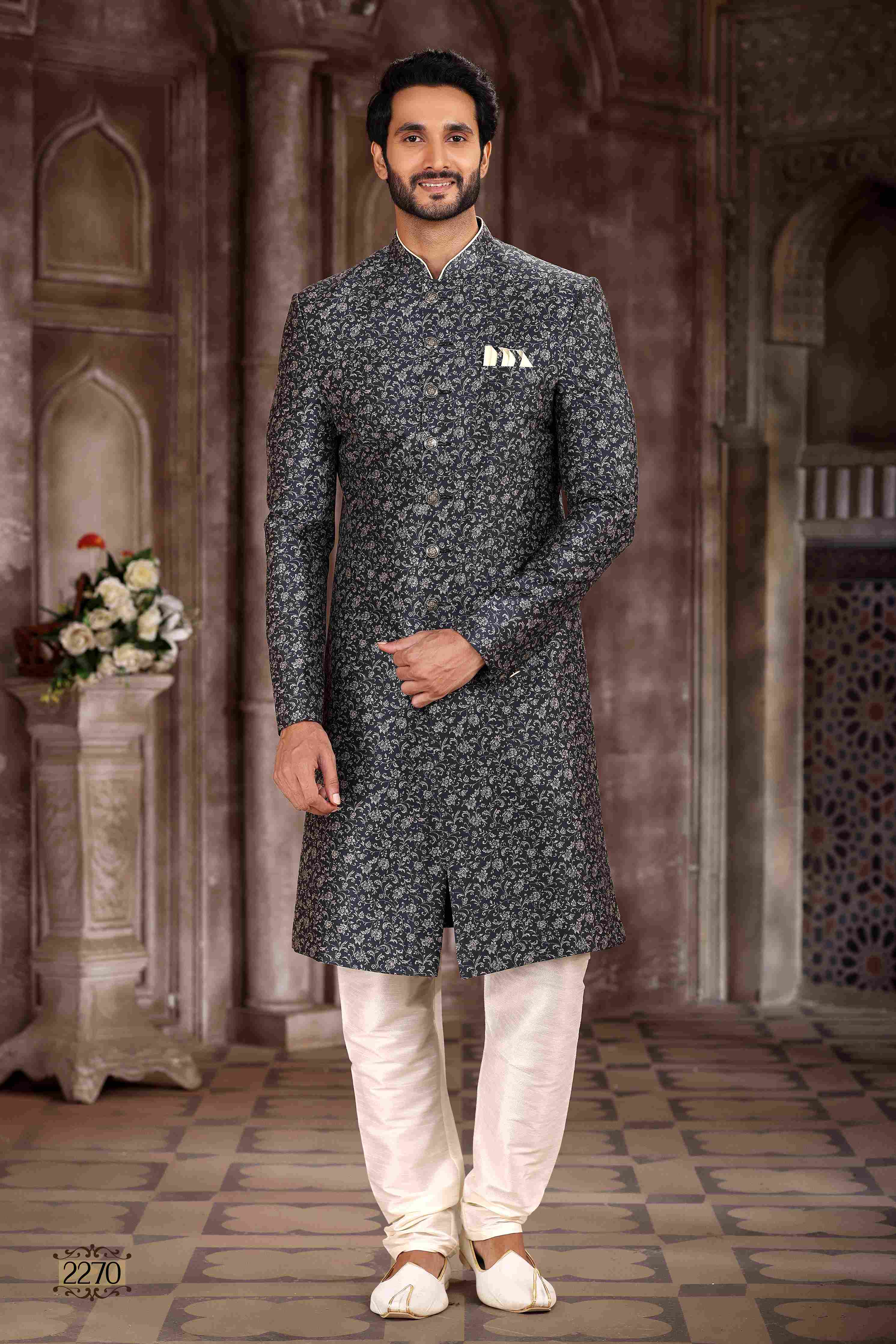 Raivat Ethnic Art Silk Digital Print Sherwani In Grey Black Colour | Grocsy