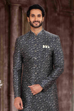 Raivat Ethnic Art Silk Digital Print Sherwani In Grey Black Colour | Grocsy