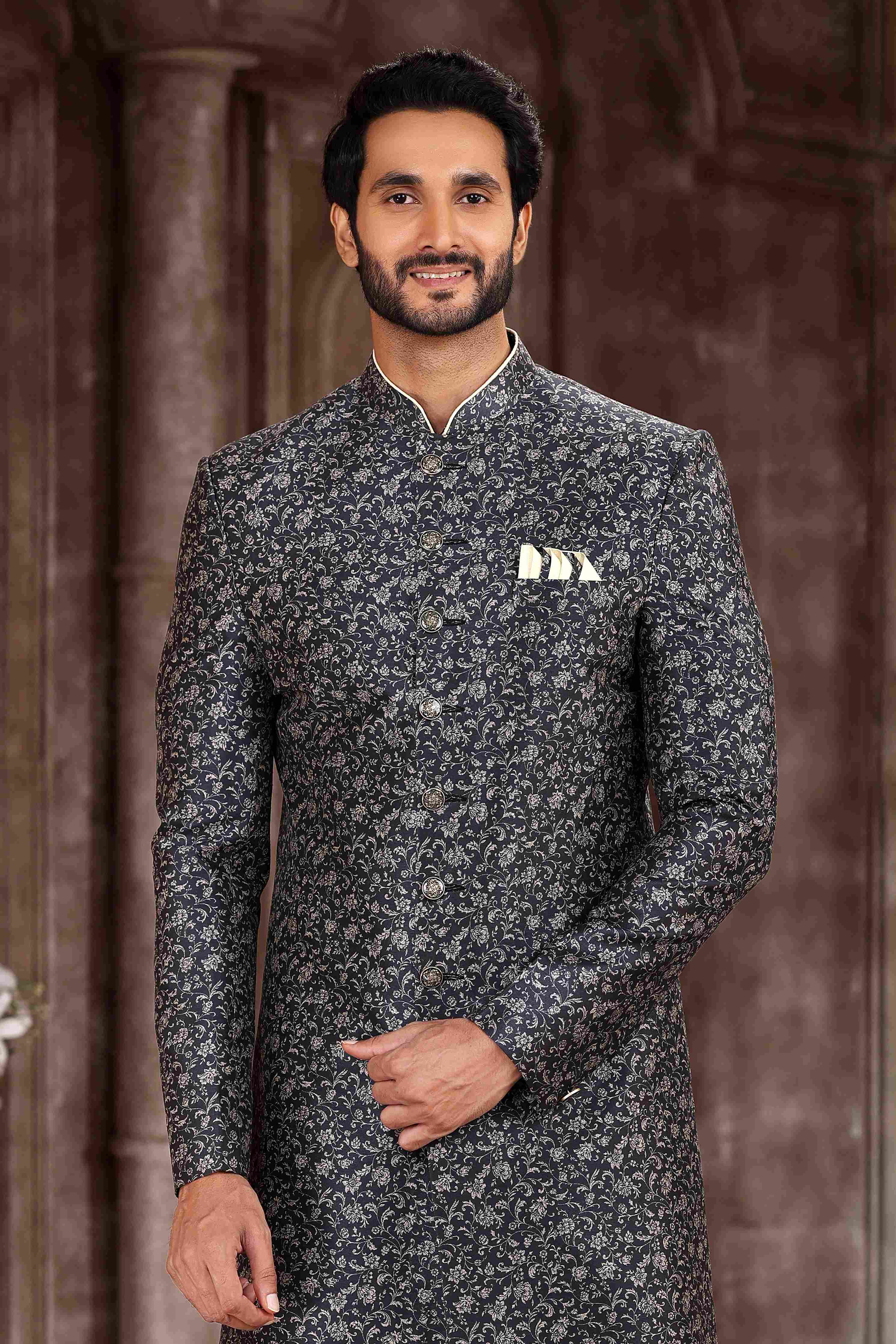 Raivat Ethnic Art Silk Digital Print Sherwani In Grey Black Colour | Grocsy