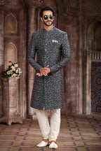 Raivat Ethnic Art Silk Digital Print Sherwani In Grey Black Colour | Grocsy