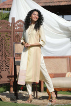 Juniper Women's Ivory Stipes Printed Rayon Straight Kurta Pants & Cotton Voile Dupatta | Grocsy