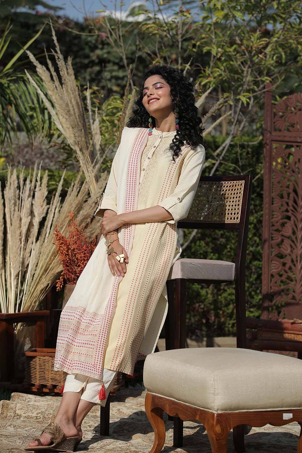 Juniper Women's Ivory Stipes Printed Rayon Straight Kurta Pants & Cotton Voile Dupatta | Grocsy