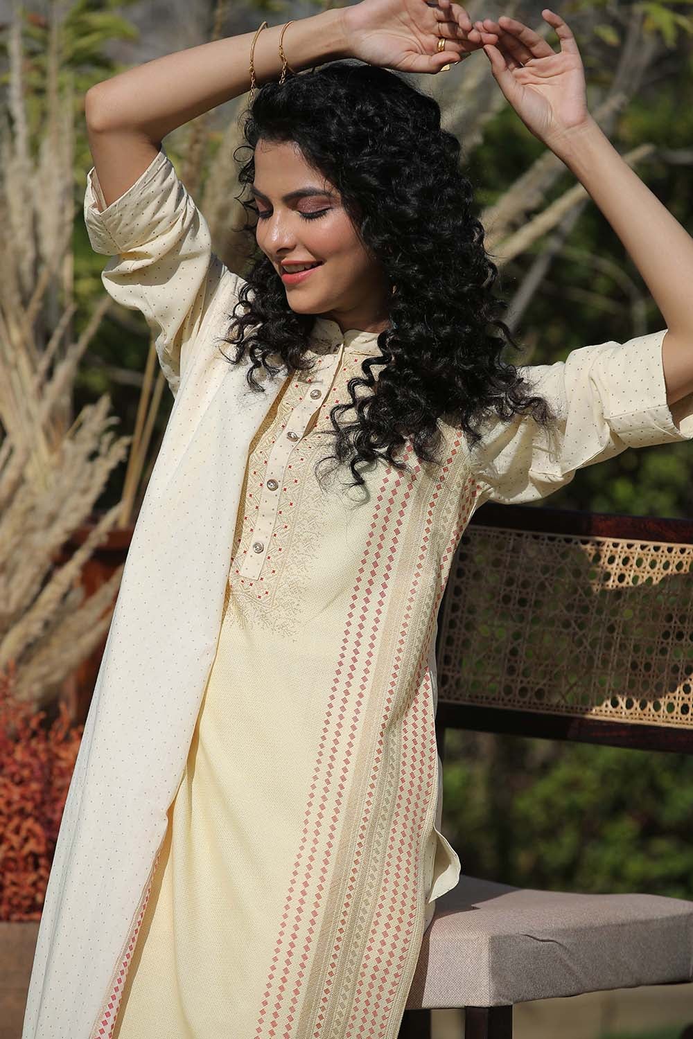 Juniper Women's Ivory Stipes Printed Rayon Straight Kurta Pants & Cotton Voile Dupatta | Grocsy
