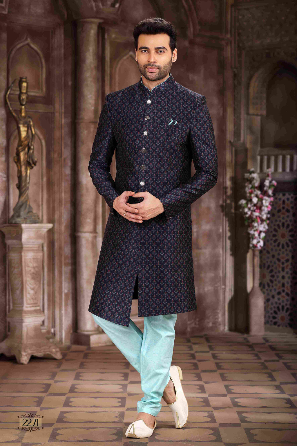 Raivat Ethnic Art Silk Digital Print Sherwani In Blue Colour | Grocsy
