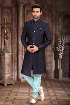 Raivat Ethnic Art Silk Digital Print Sherwani In Blue Colour | Grocsy