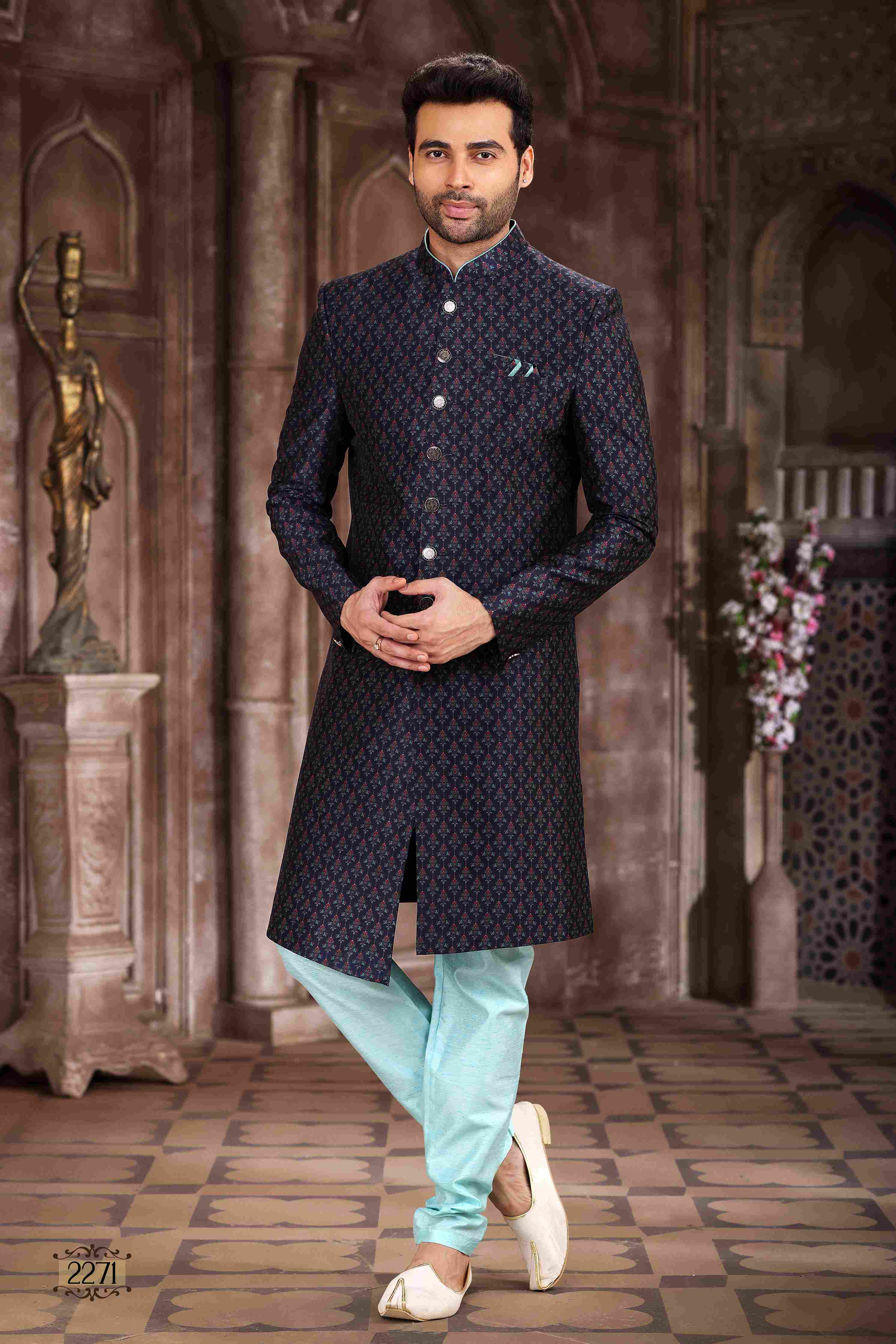 Raivat Ethnic Art Silk Digital Print Sherwani In Blue Colour | Grocsy