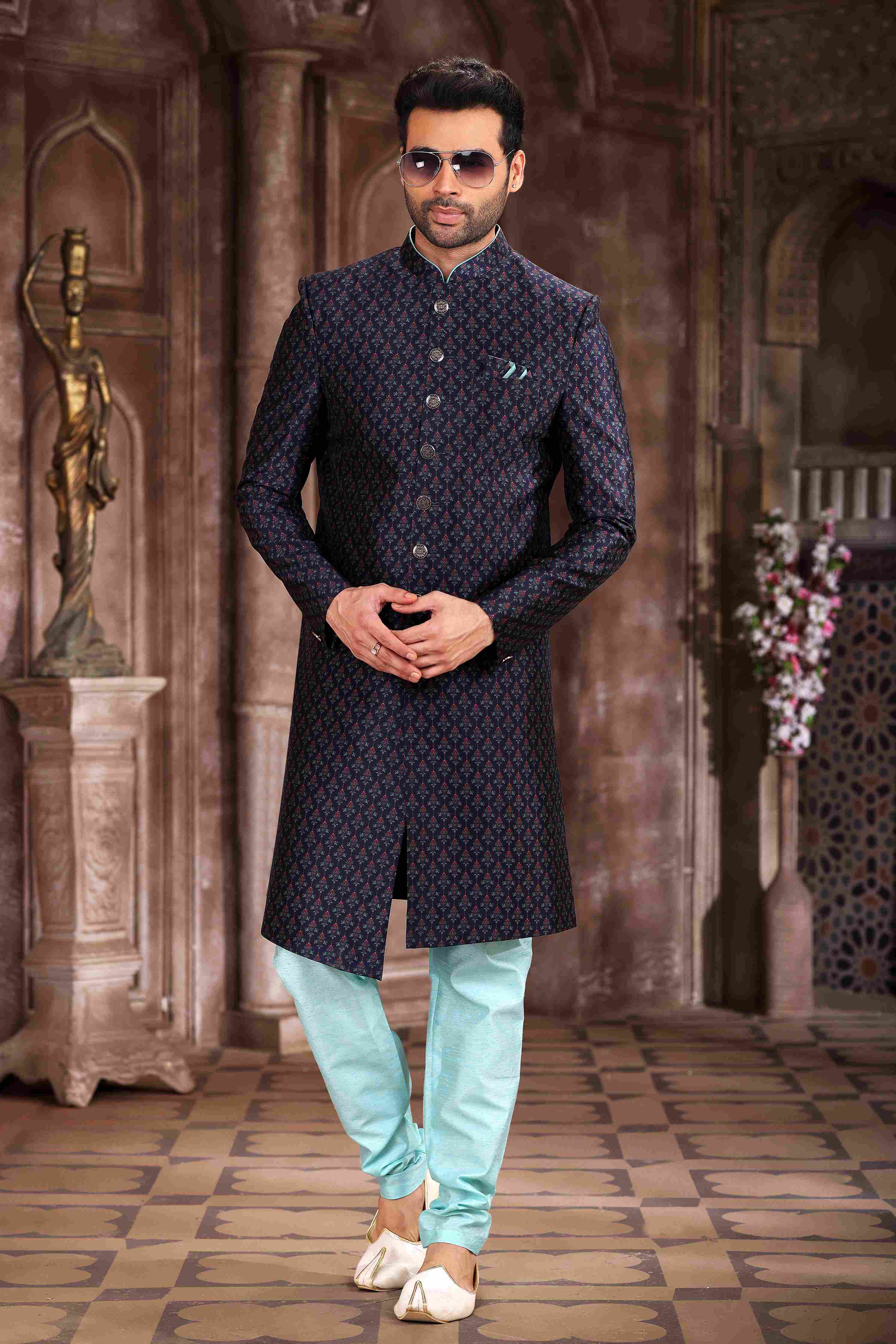 Raivat Ethnic Art Silk Digital Print Sherwani In Blue Colour | Grocsy