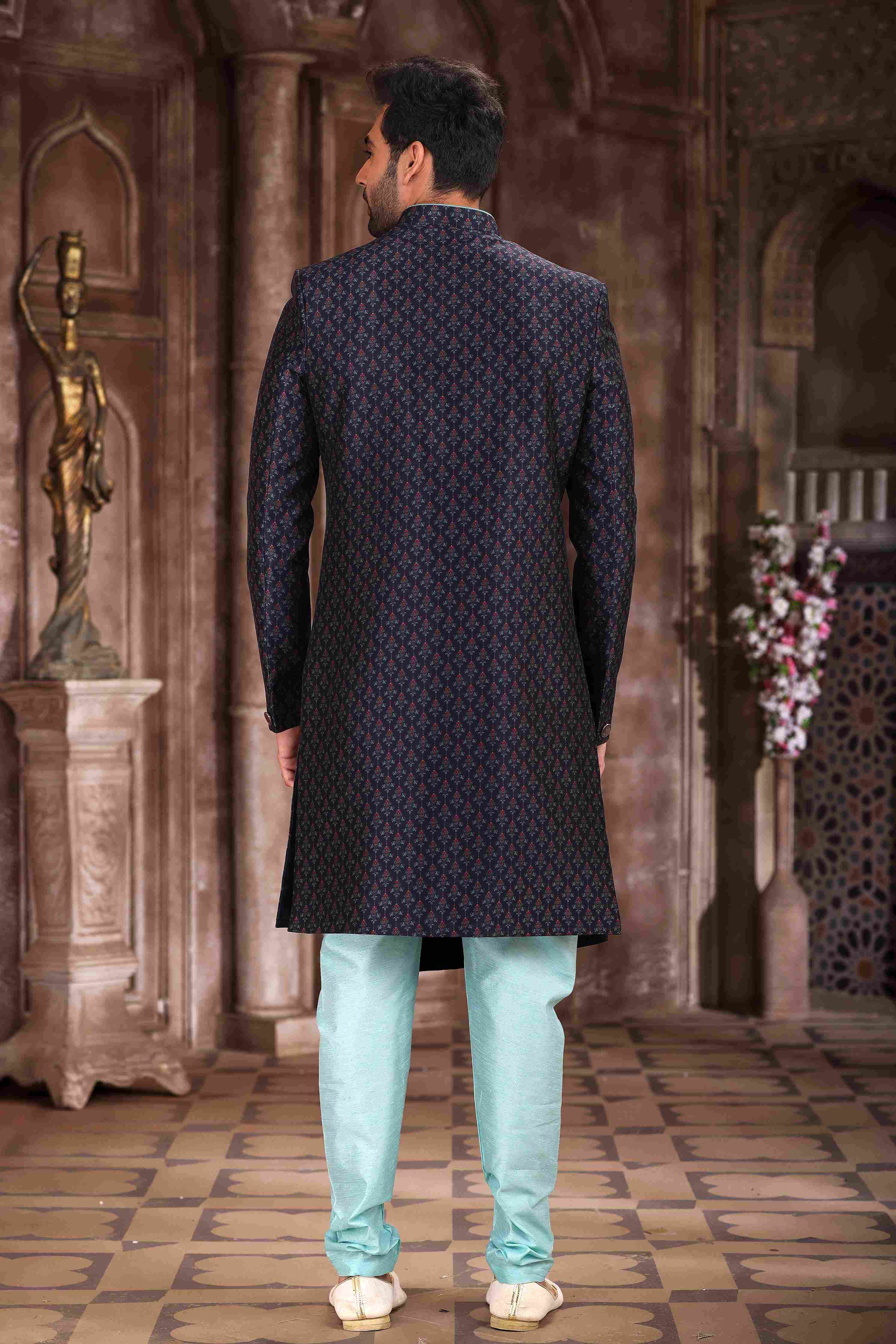 Raivat Ethnic Art Silk Digital Print Sherwani In Blue Colour | Grocsy