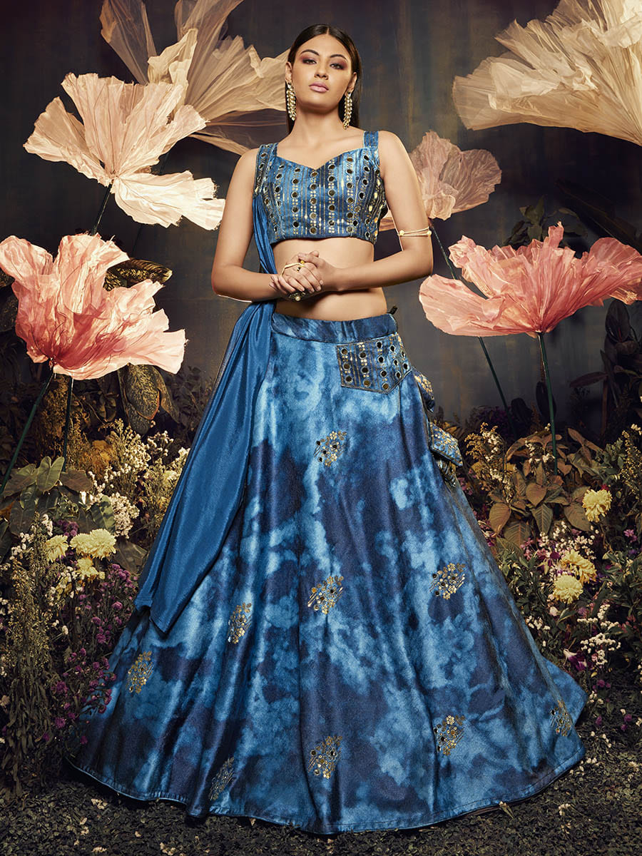 Myra Blue Velvet Embroidered Designer Lehenga | Grocsy