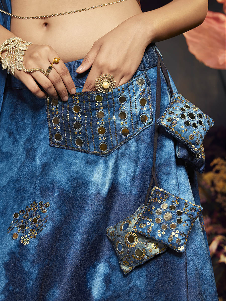 Myra Blue Velvet Embroidered Designer Lehenga | Grocsy