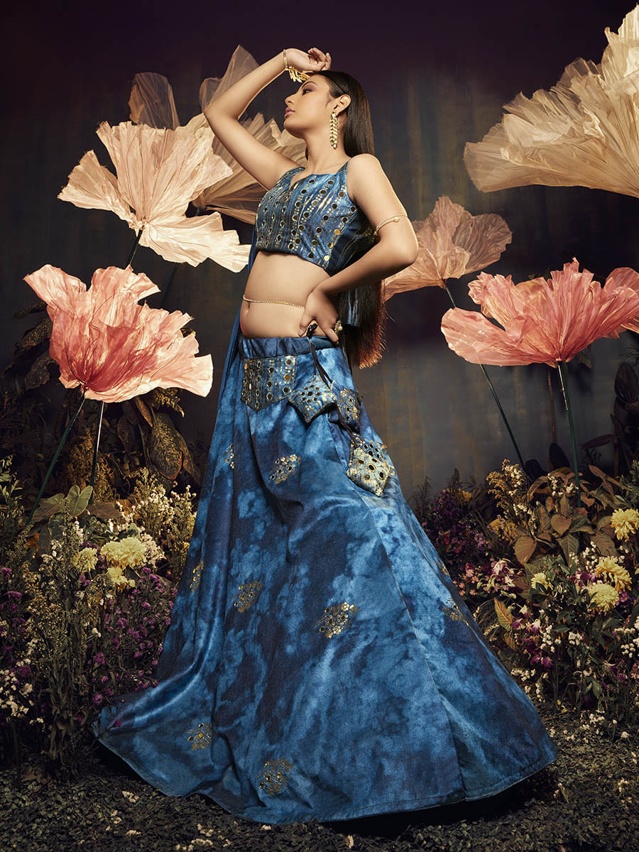 Myra Blue Velvet Embroidered Designer Lehenga | Grocsy