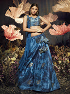 Myra Blue Velvet Embroidered Designer Lehenga | Grocsy