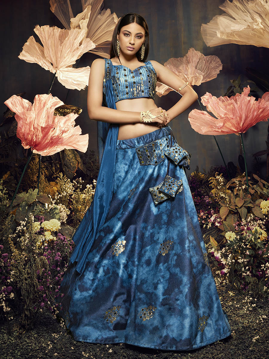 Myra Blue Velvet Embroidered Designer Lehenga | Grocsy