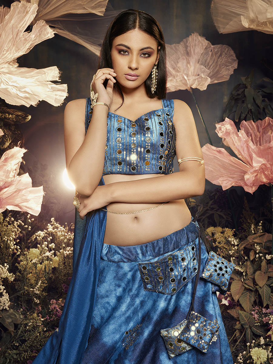 Myra Blue Velvet Embroidered Designer Lehenga | Grocsy