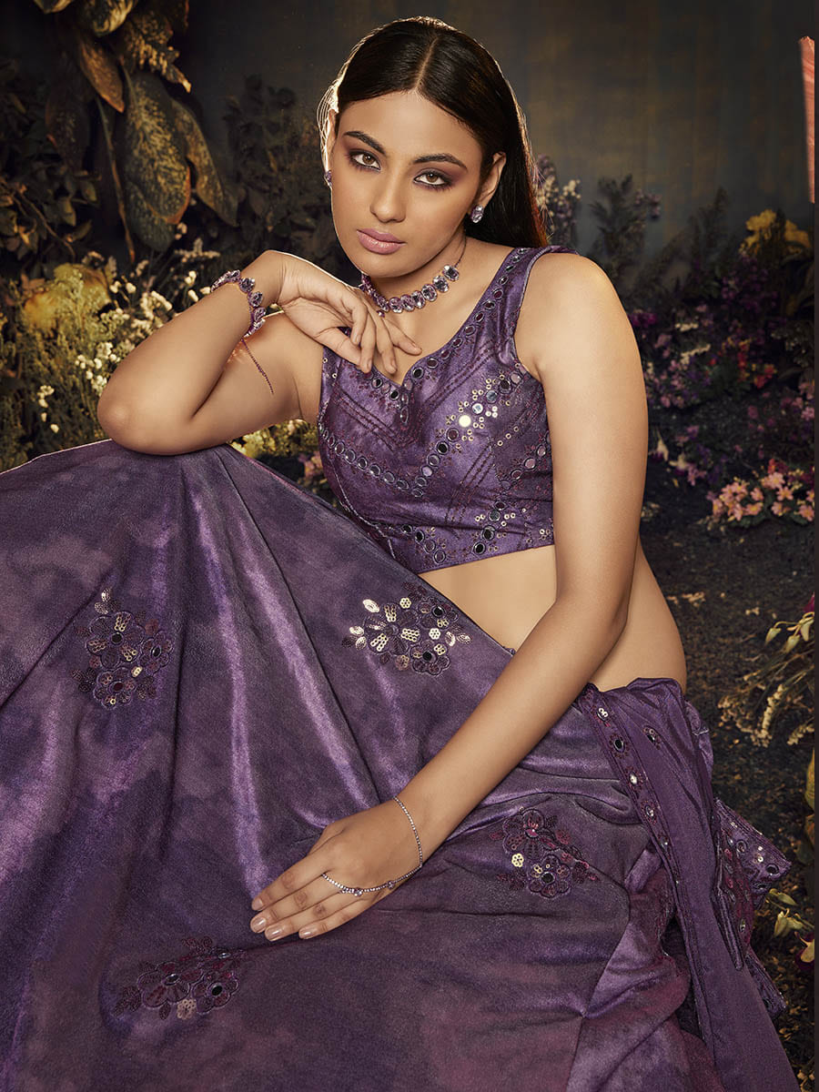 Myra Purple Velvet Embroidered Designer Lehenga | Grocsy