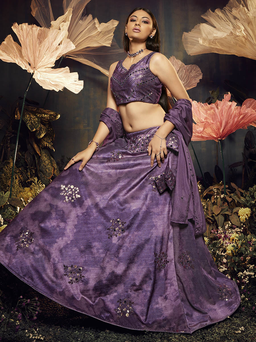 Myra Purple Velvet Embroidered Designer Lehenga | Grocsy