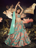 Myra Turquoise Orange Velvet Embroidered Designer Lehenga | Grocsy