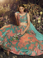 Myra Turquoise Orange Velvet Embroidered Designer Lehenga | Grocsy