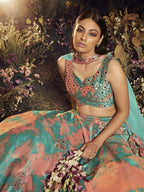 Myra Turquoise Orange Velvet Embroidered Designer Lehenga | Grocsy