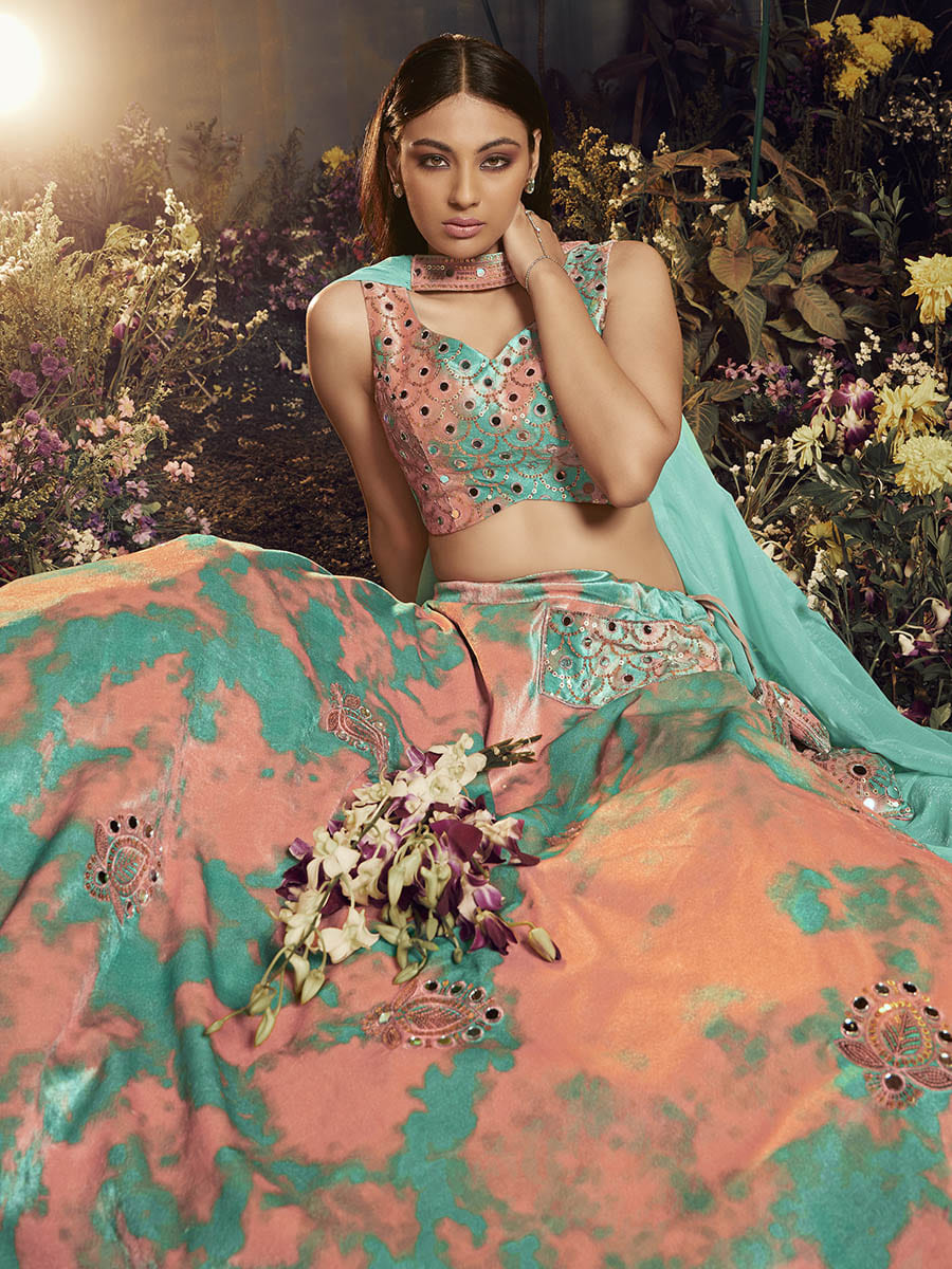 Myra Turquoise Orange Velvet Embroidered Designer Lehenga | Grocsy