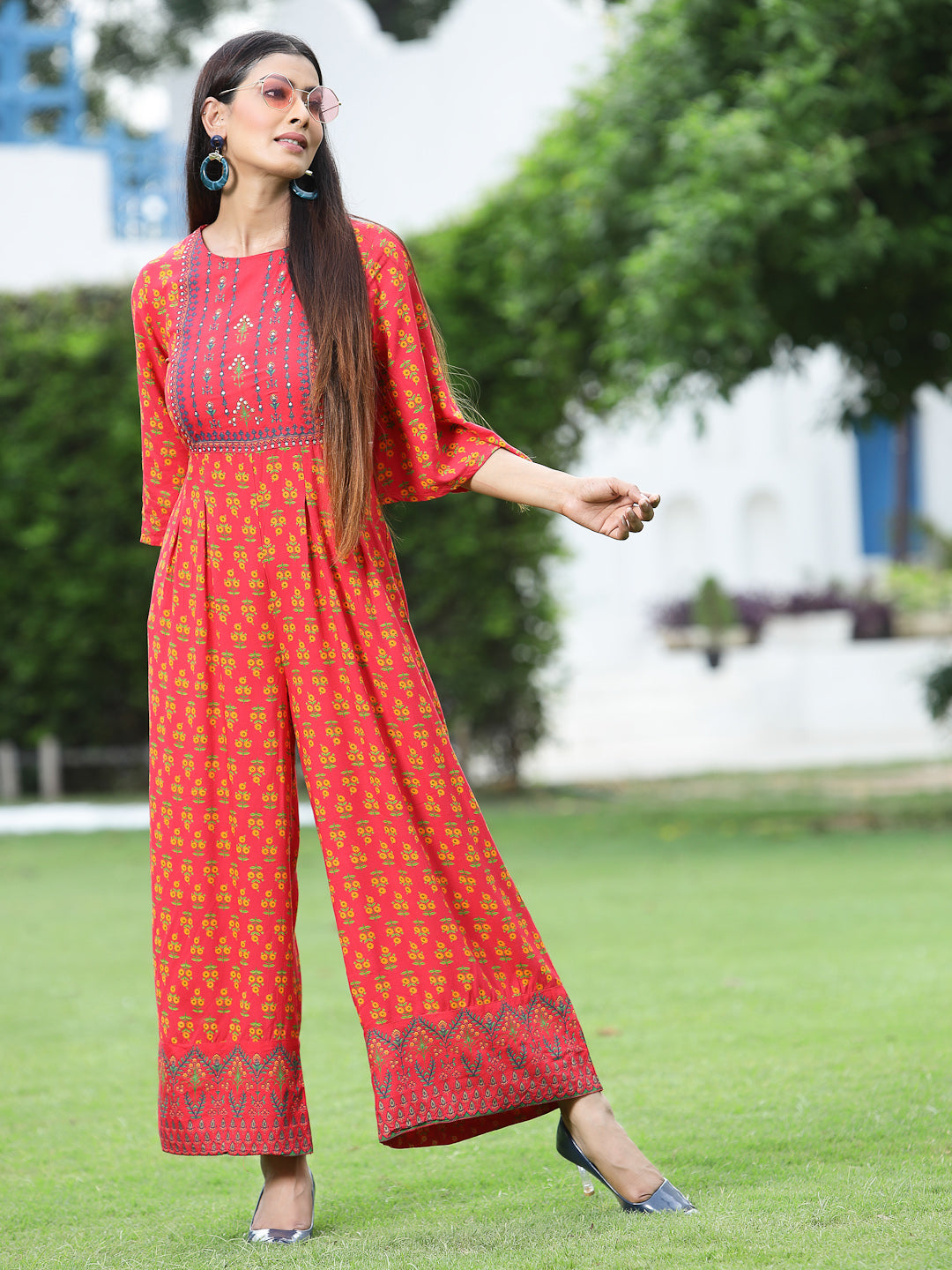 Juniper Women Coral Rayon Printed Regular Jumpsuit | Grocsy