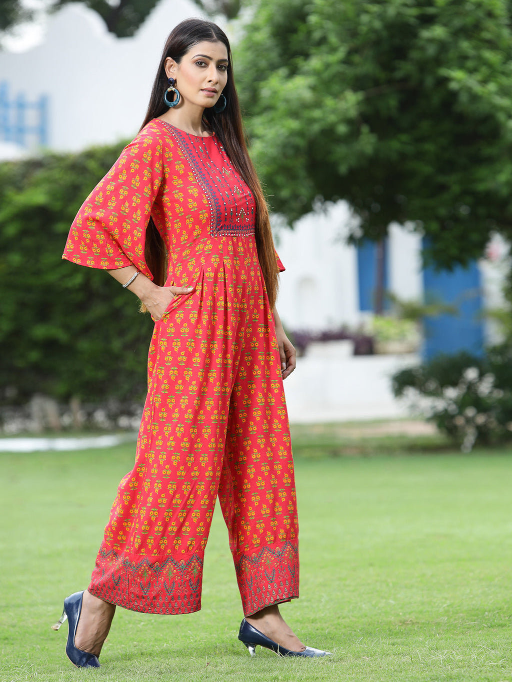 Juniper Women Coral Rayon Printed Regular Jumpsuit | Grocsy