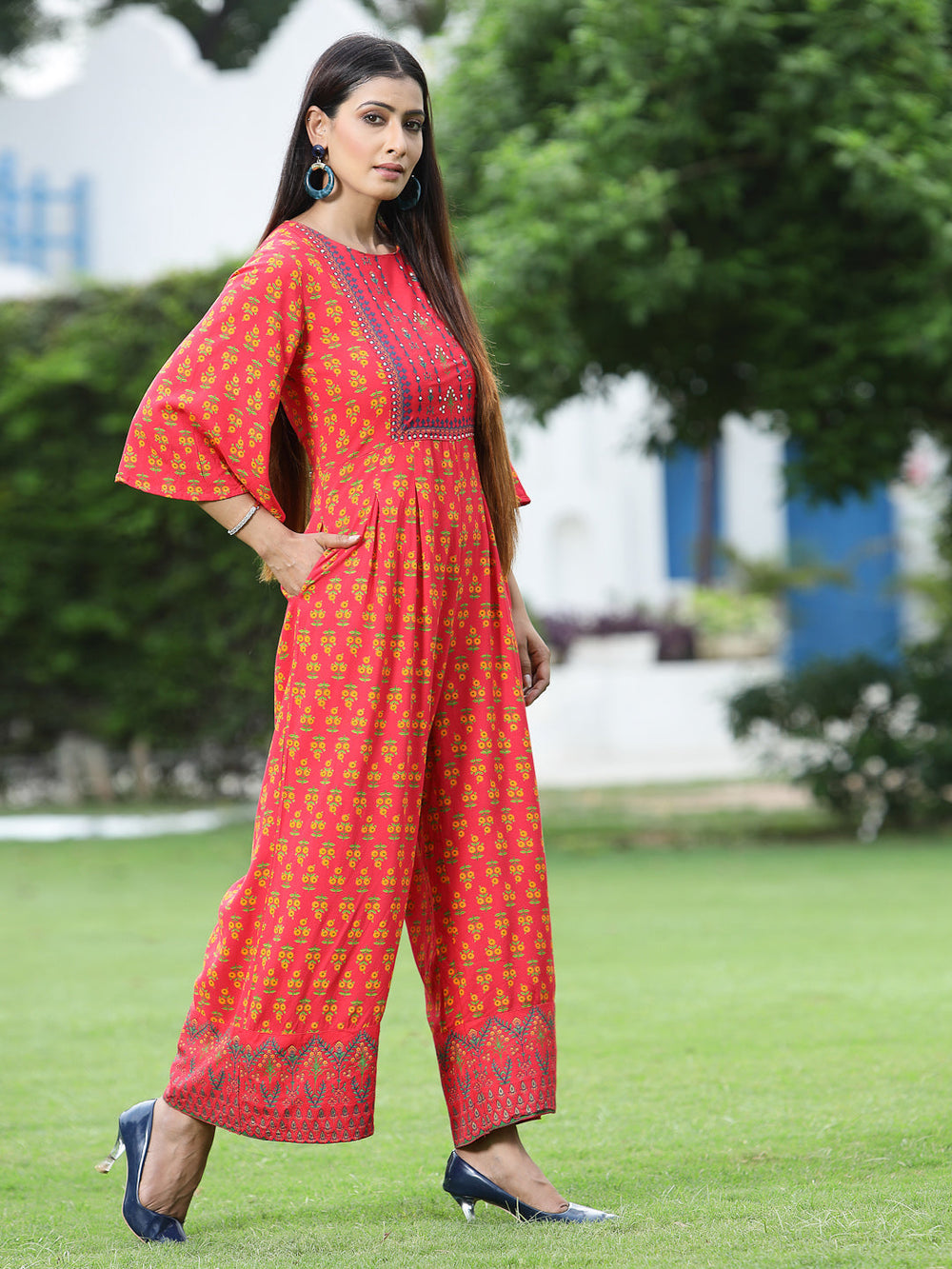 Juniper Women`s Coral Rayon Printed Regular Jumpsuit | Grocsy
