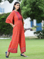 Juniper Women`s Coral Rayon Printed Regular Jumpsuit | Grocsy