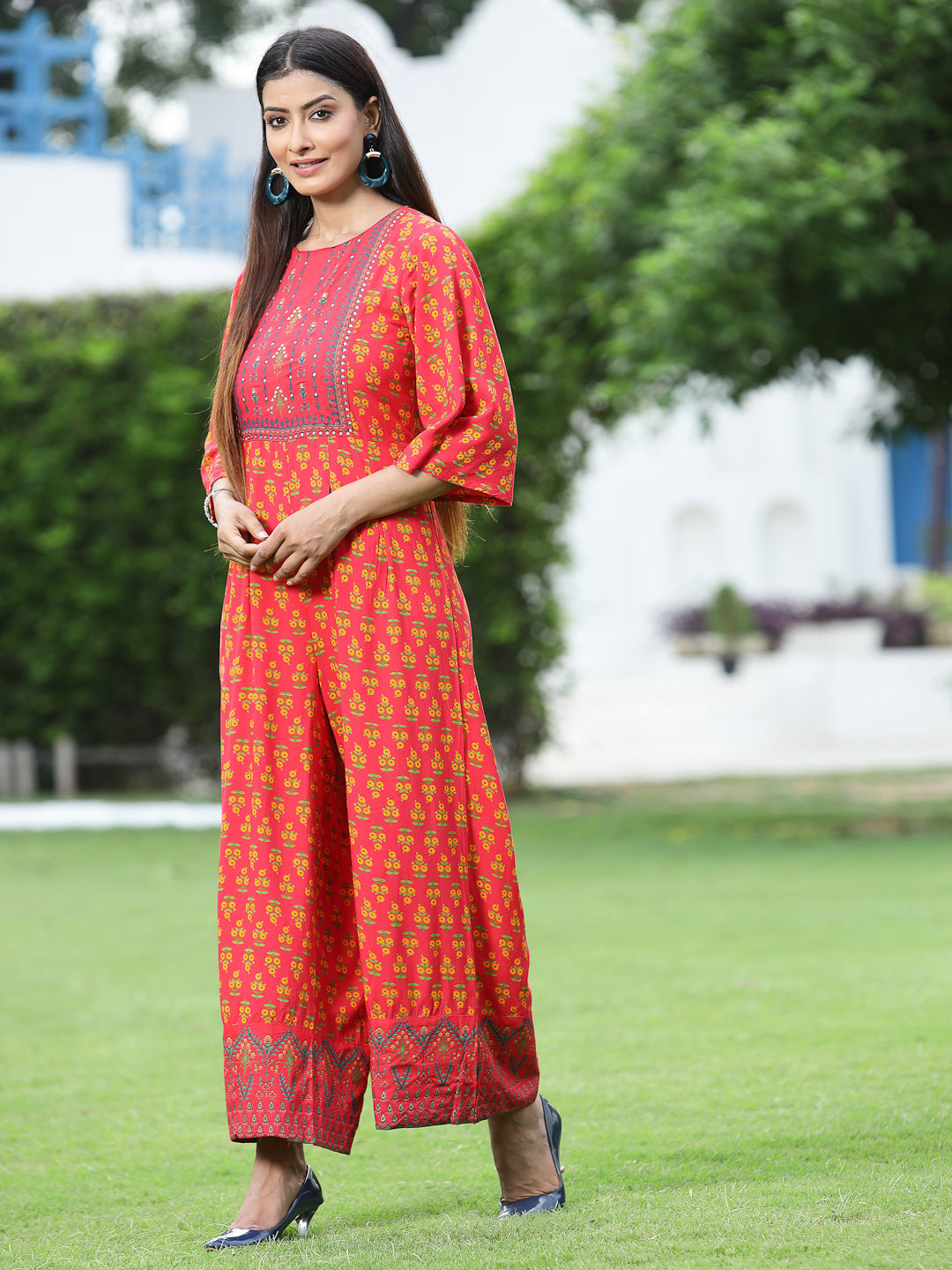 Juniper Women Coral Rayon Printed Regular Jumpsuit | Grocsy
