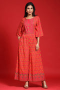 Juniper Women`s Coral Rayon Printed Regular Jumpsuit | Grocsy