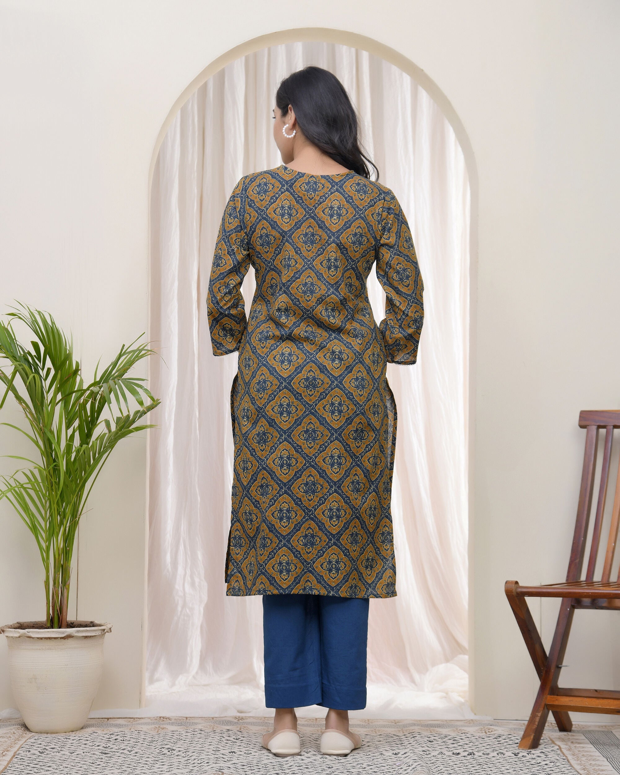 Vaasva Blue Ajrakh Cotton Printed Gathered Kurti | Grocsy