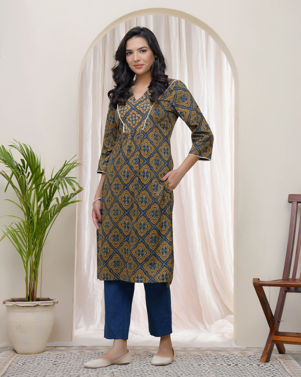 Vaasva Blue Ajrakh Cotton Printed Gathered Kurti | Grocsy
