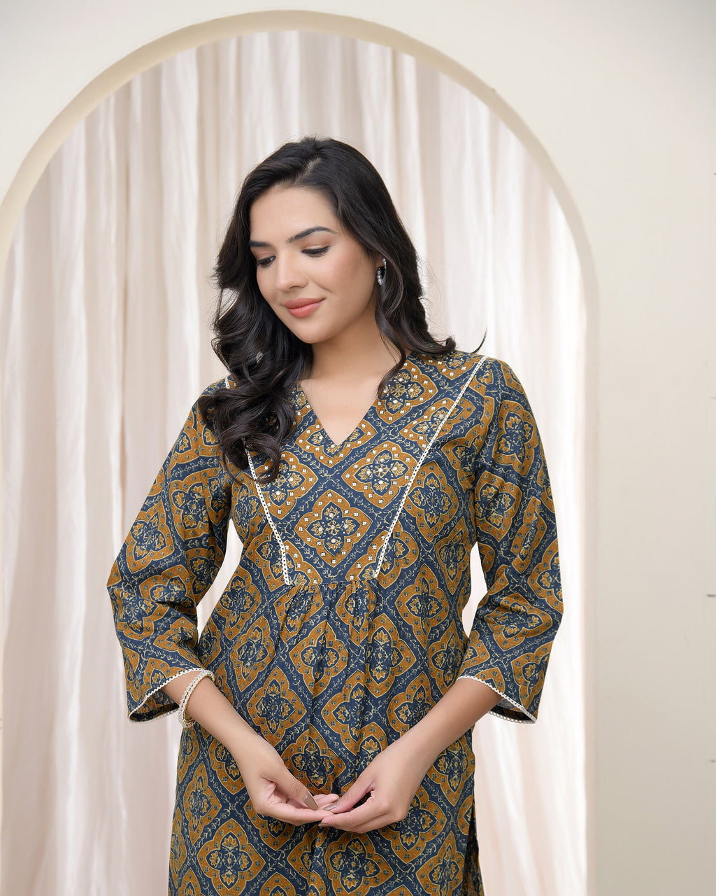 Vaasva Blue Ajrakh Cotton Printed Gathered Kurti | Grocsy