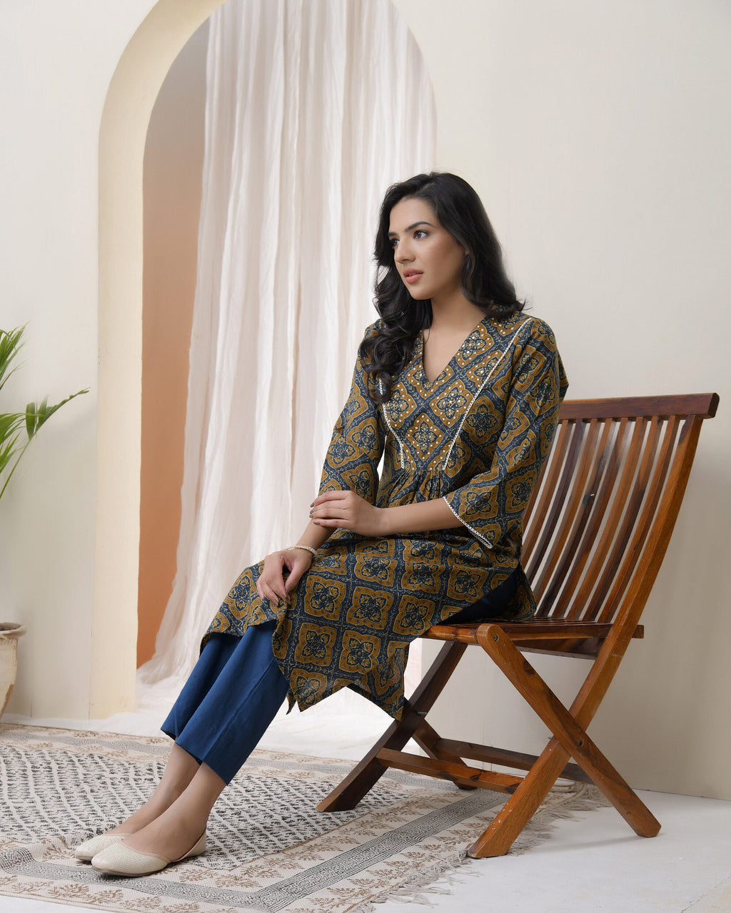 Vaasva Blue Ajrakh Cotton Printed Gathered Kurti | Grocsy