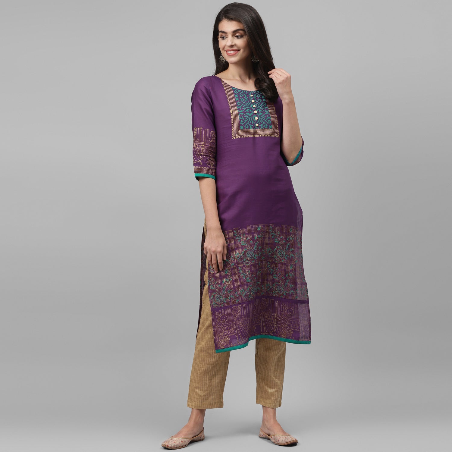 Maai Rayon Hand Printed Kurta Purple | Grocsy