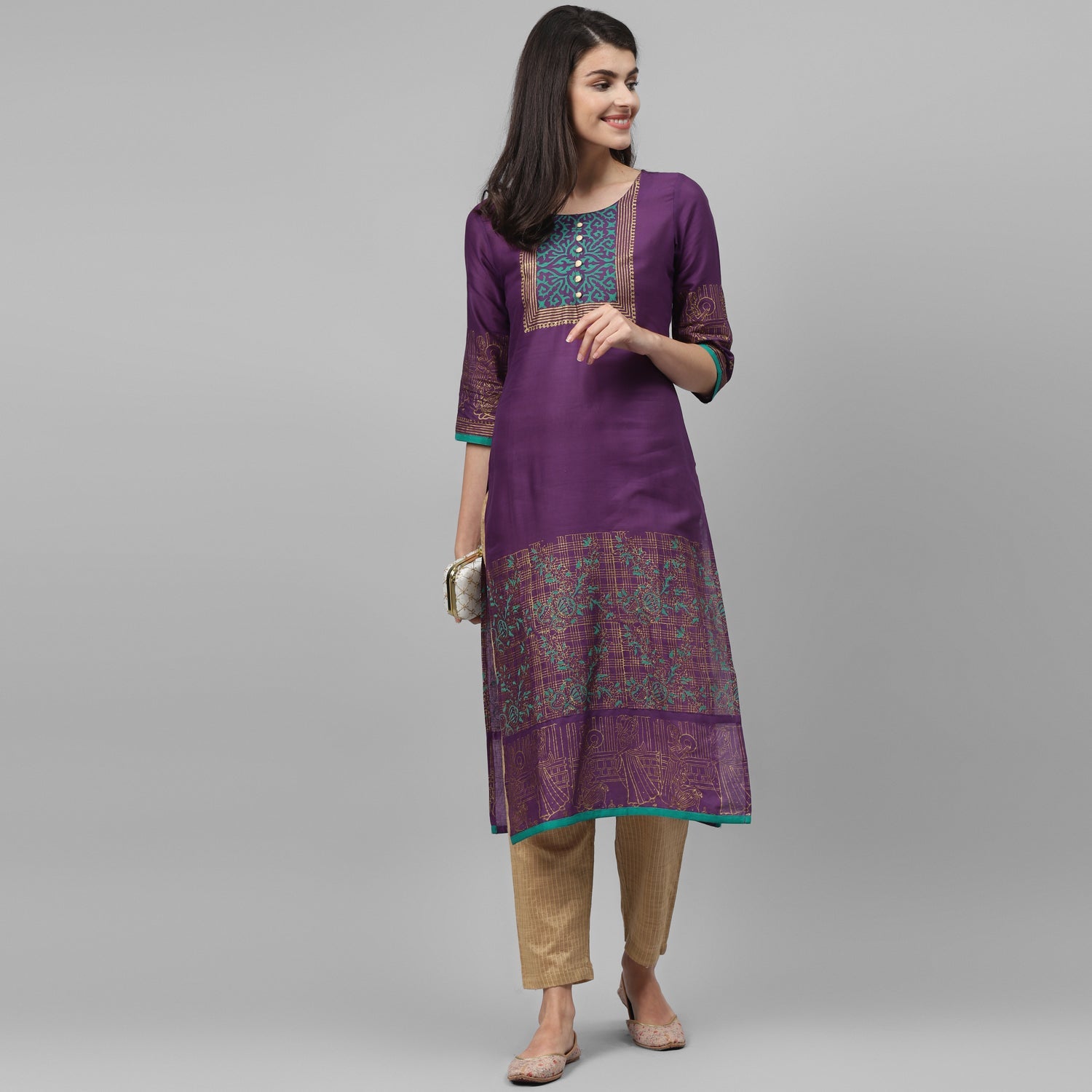Maai Rayon Hand Printed Kurta Purple | Grocsy