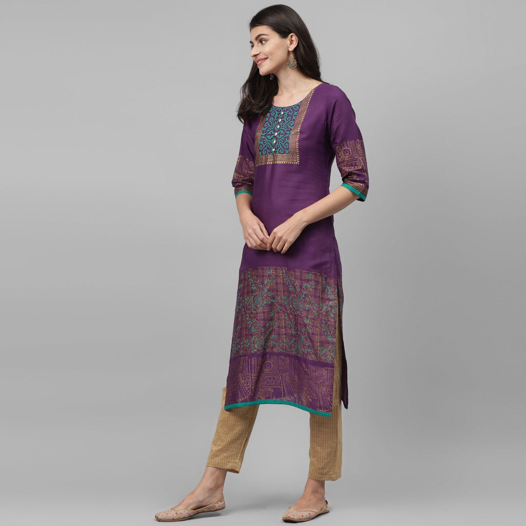 Maai Rayon Hand Printed Kurta Purple | Grocsy