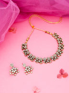Tehzeeb Creations Luxurious Gold Polished White Colour Diamond Choker Necklace Set With Matching Earrings | Grocsy